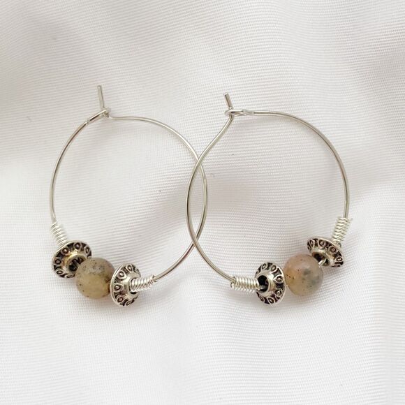 Stainless Steel Hoop Earrings with Peach Pink Round and Silver Bead - Picture 1 of 4